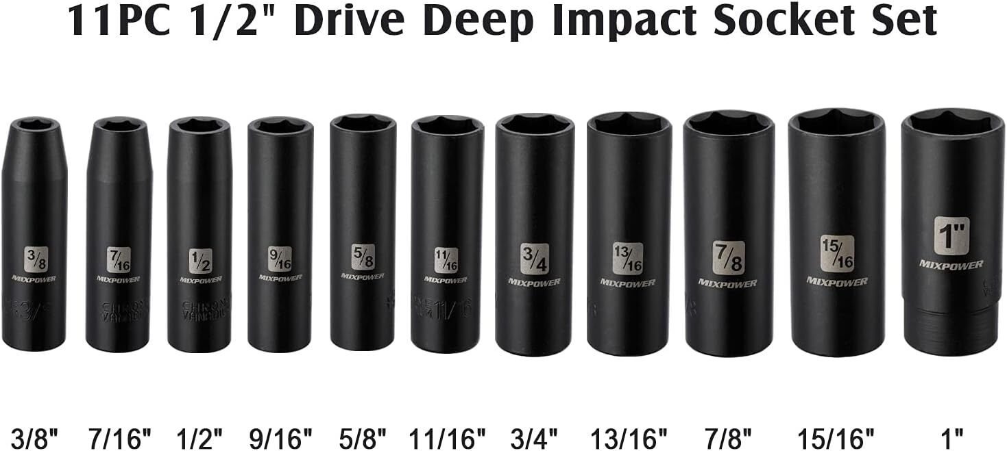 11 Pieces 1/2-Inch Drive Deep Impact Socket Set, 3/8-Inch to 1-Inch, CR-V, SAE,