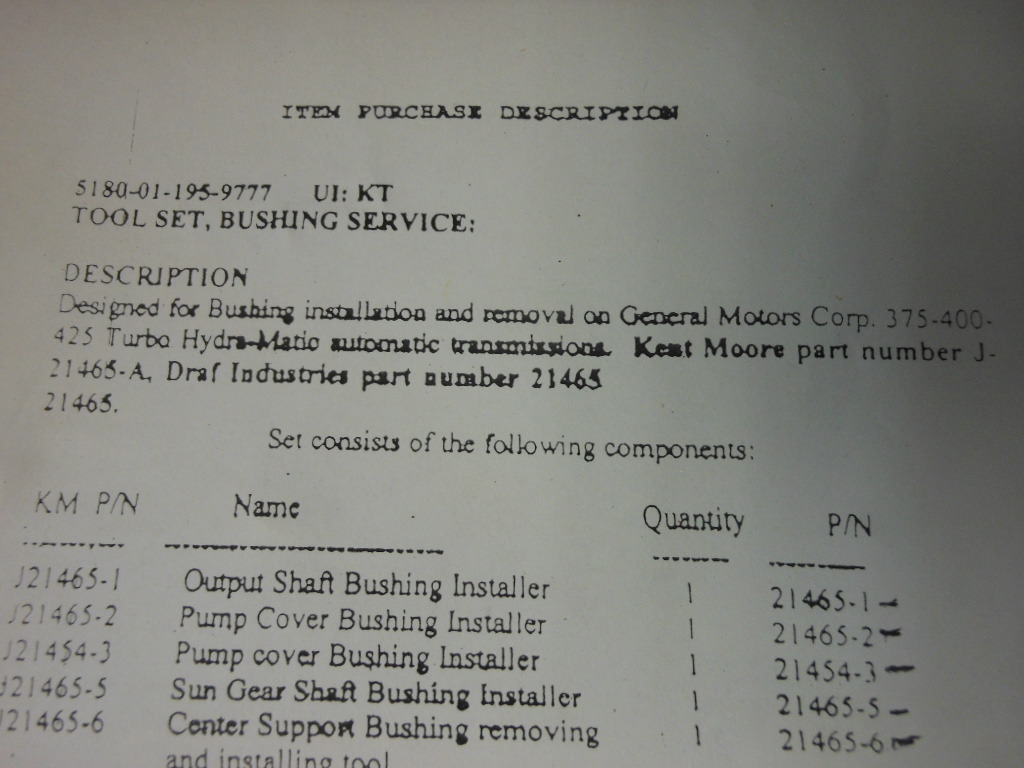 DRAF GM THM-375-400-425 Transmission Bushing Service J-21465-A Kent Moore Equiv.