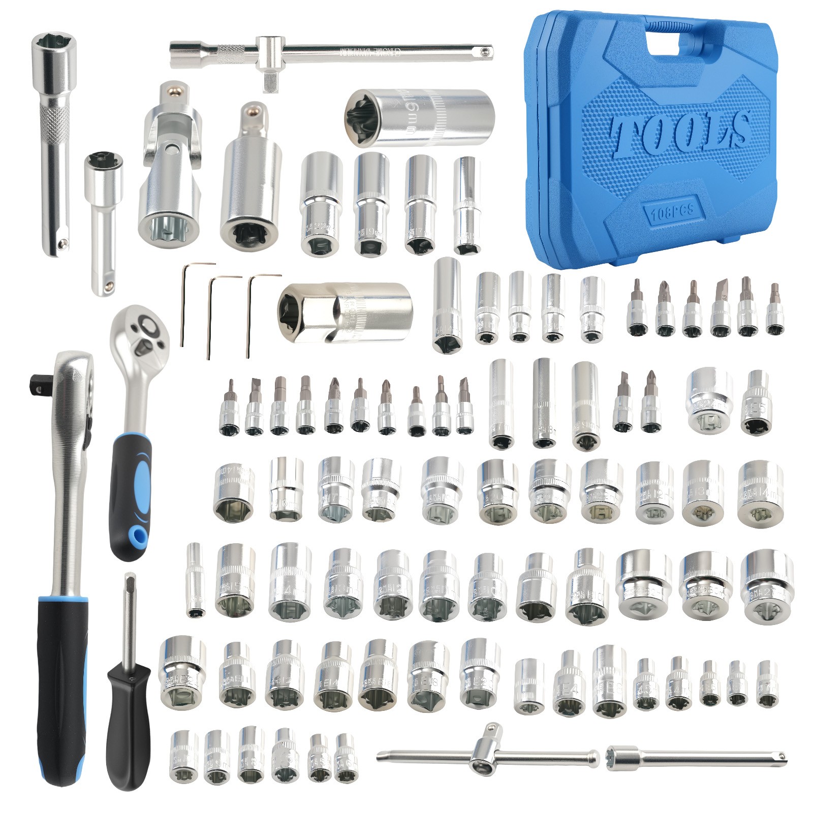108PCS CR-V Socket Set 1/2 1/4 Drive Ratchets 10-32mm Mechanics Tool Kit