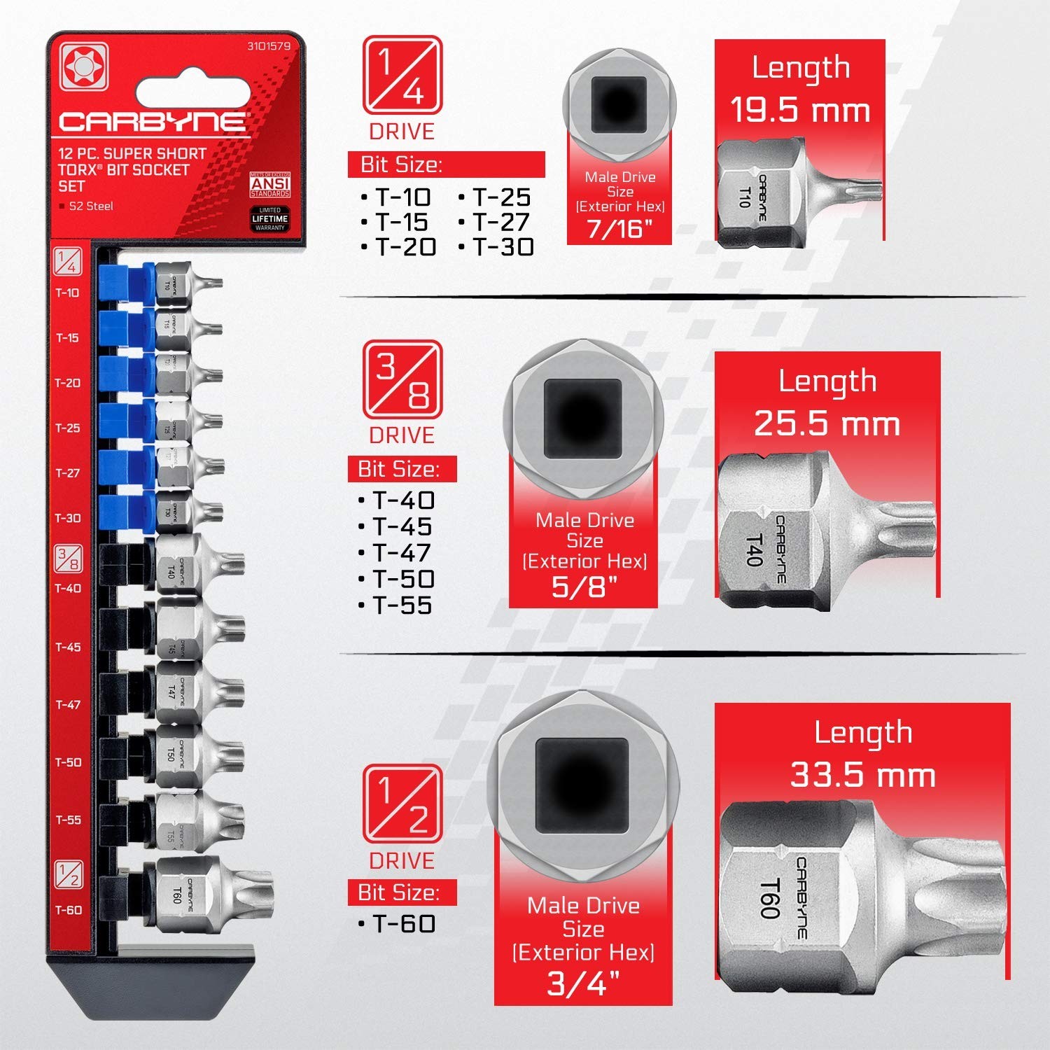 12-Piece Torx Bit Socket Set T10-T60, Low Profile S2 Steel, Dual Drive for Tight