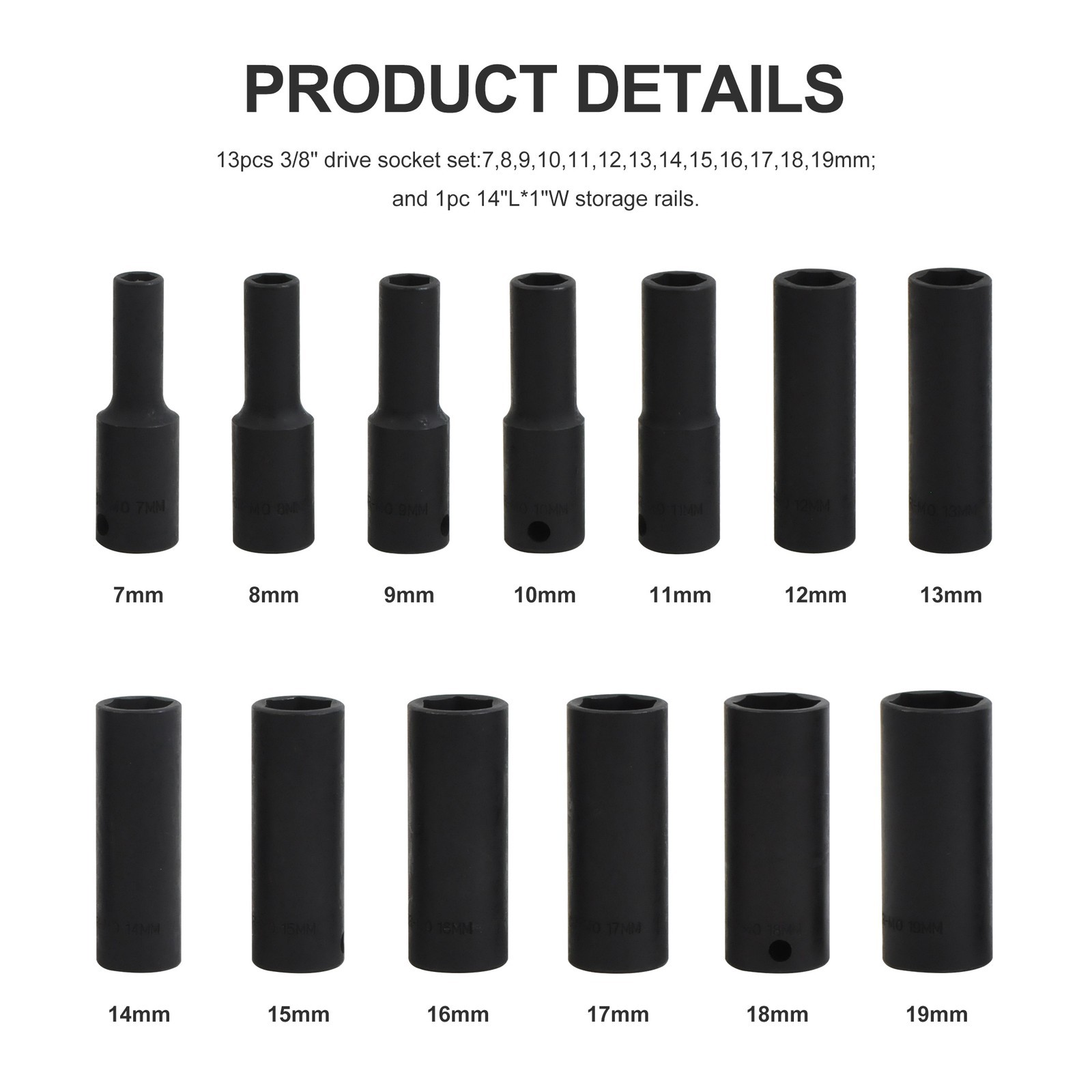 3/8″Drive Magnetic Impact Socket Set Deep 6-Point Metric 7mm to 19mm CR-MO 13PCS