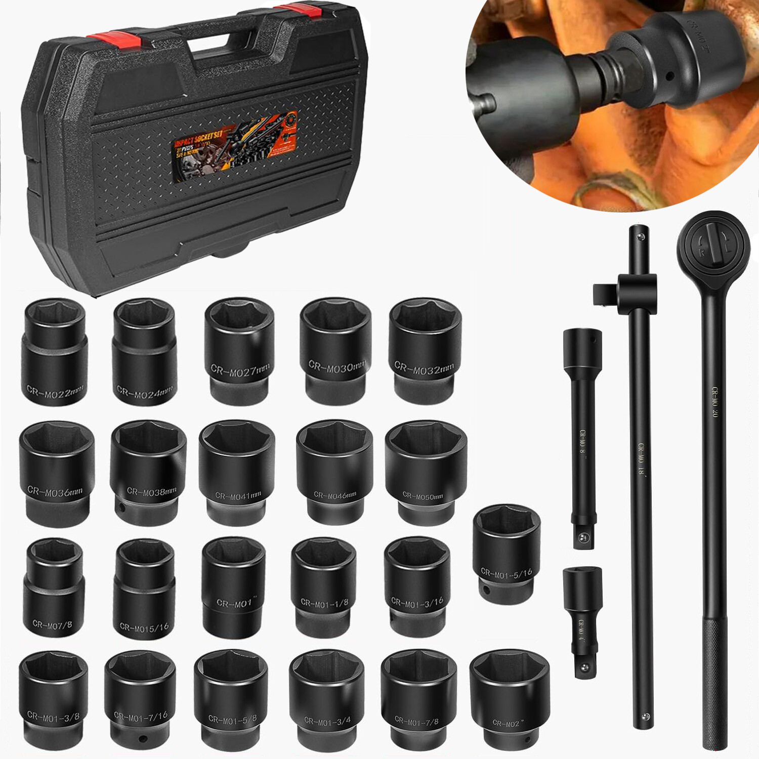 02499A 3/4″ Drive Impact Socket 27pcs SAE 7/8″ to 2″ and Metric 22 to 50 mm Set