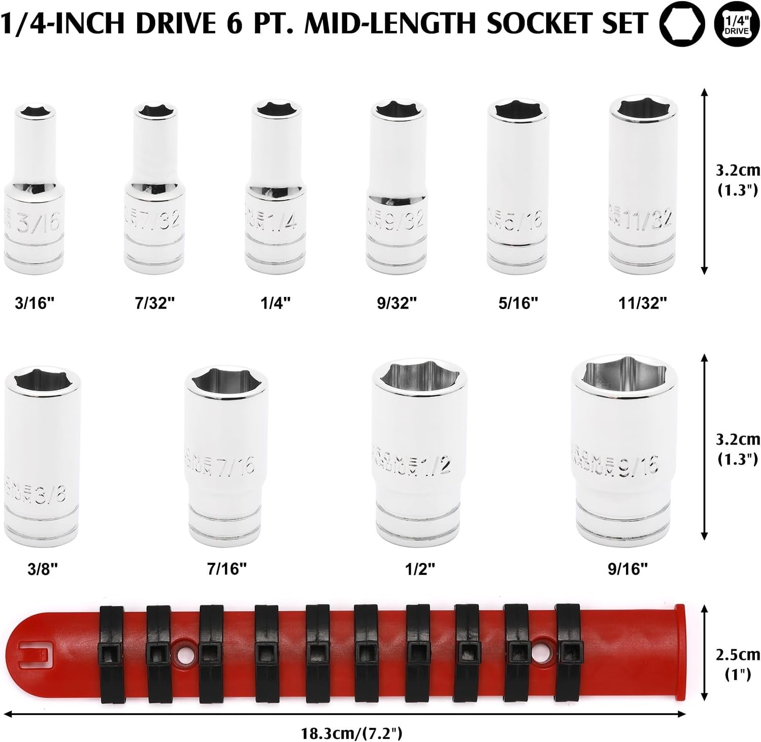10PCS 1/4″ Drive SAE Socket Set 6 Point Semi-Deep 3/16″-9/16″ CR-V Steel w/ Rail