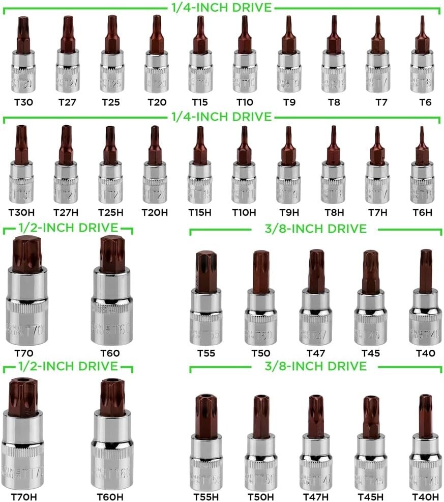 34PCS Master TORX Bit Socket Set,S2 Alloy Steel,Solid Star & Tamper Proof T6~T70