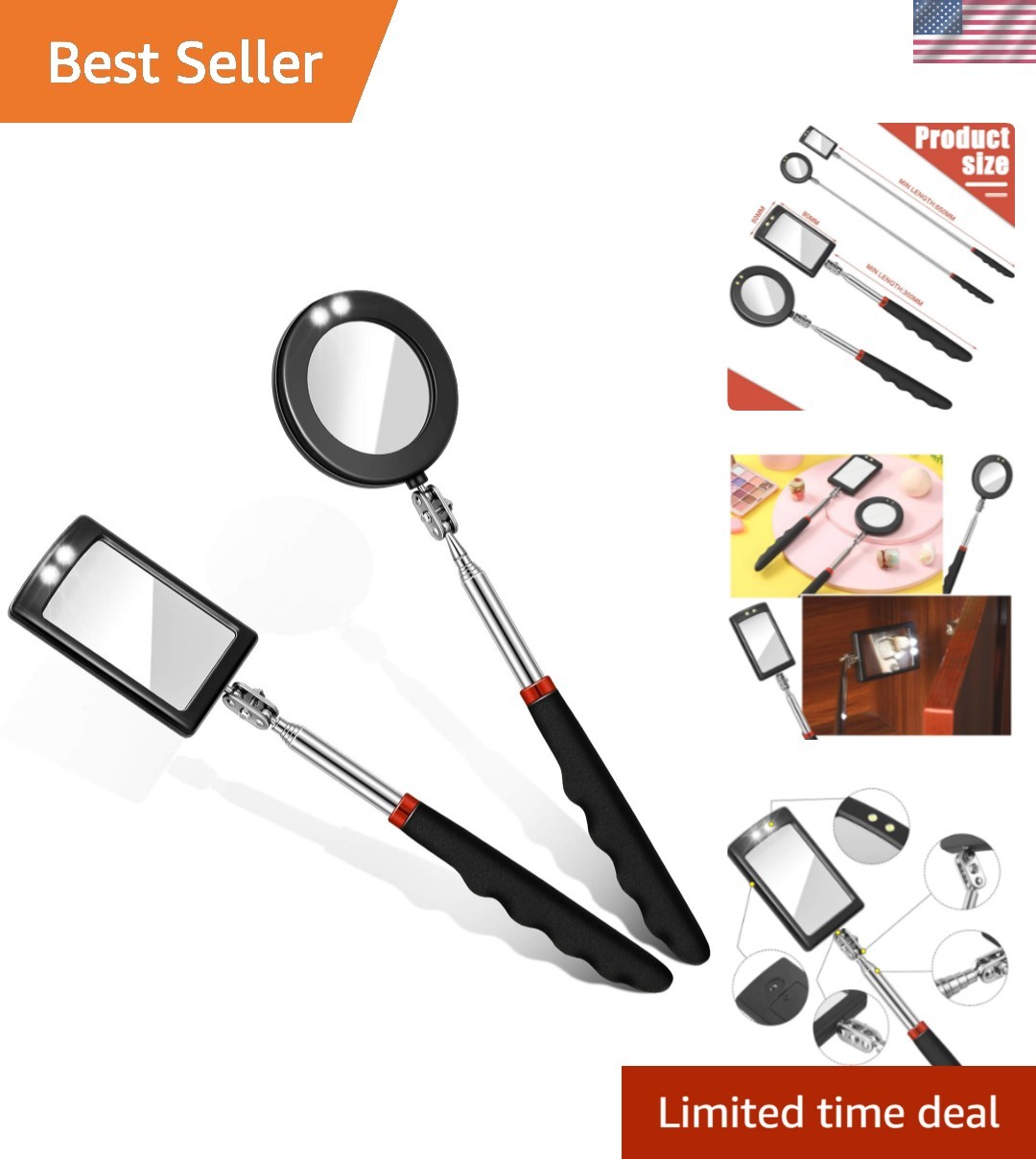 Compact 2-Piece Telescoping Inspection Mirrors with LED for Nighttime Visibility