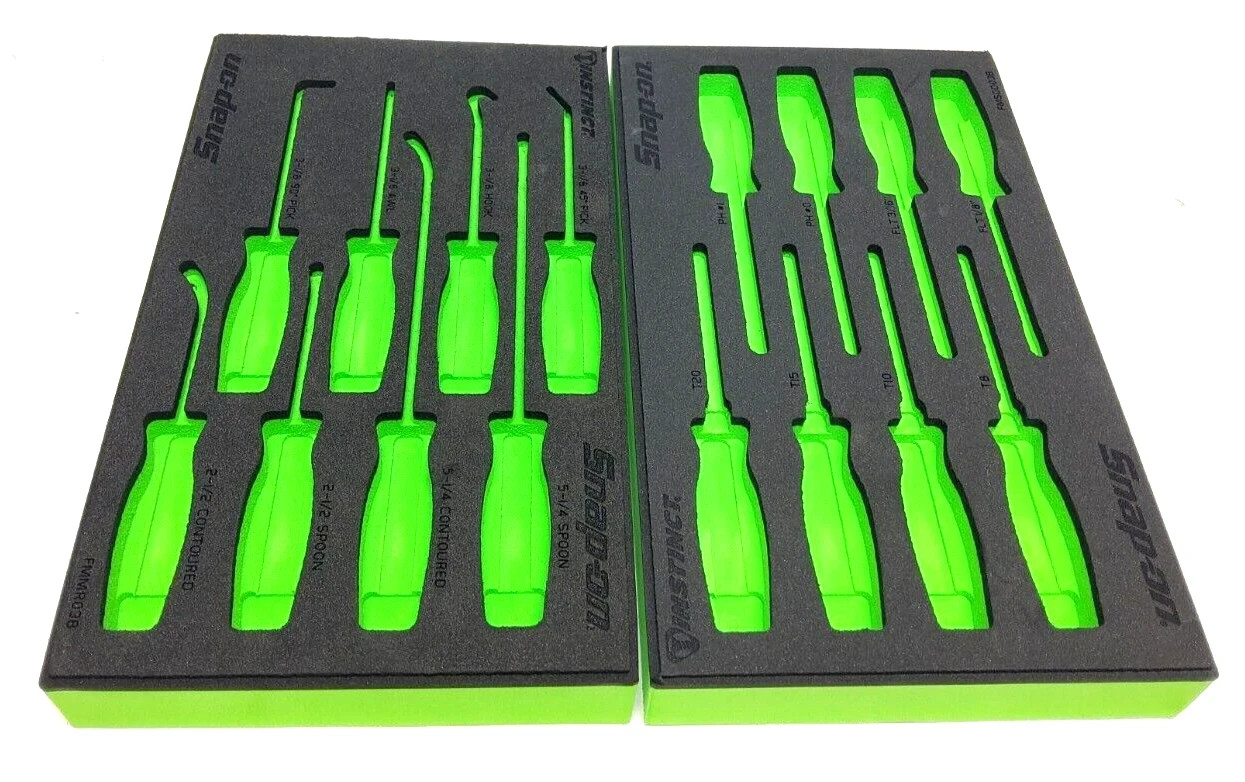 Snap-on Tools NEW 2pc GREEN FOAM ORGANIZERS Mini Screwdriver / Pick / Seal Sets