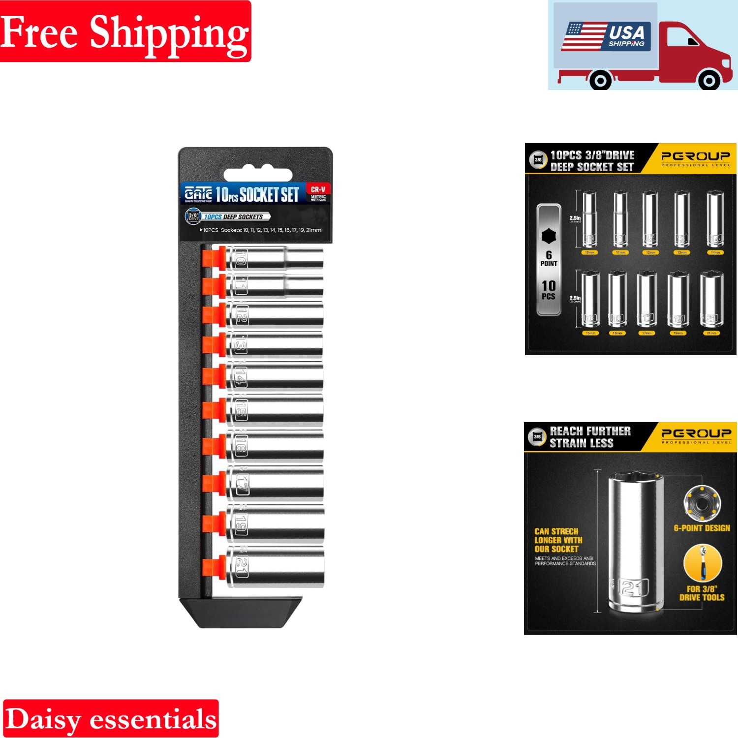 10-Piece 3/8” Drive Deep Socket Set 10-21mm Chrome Vanadium Steel Impact Comp…