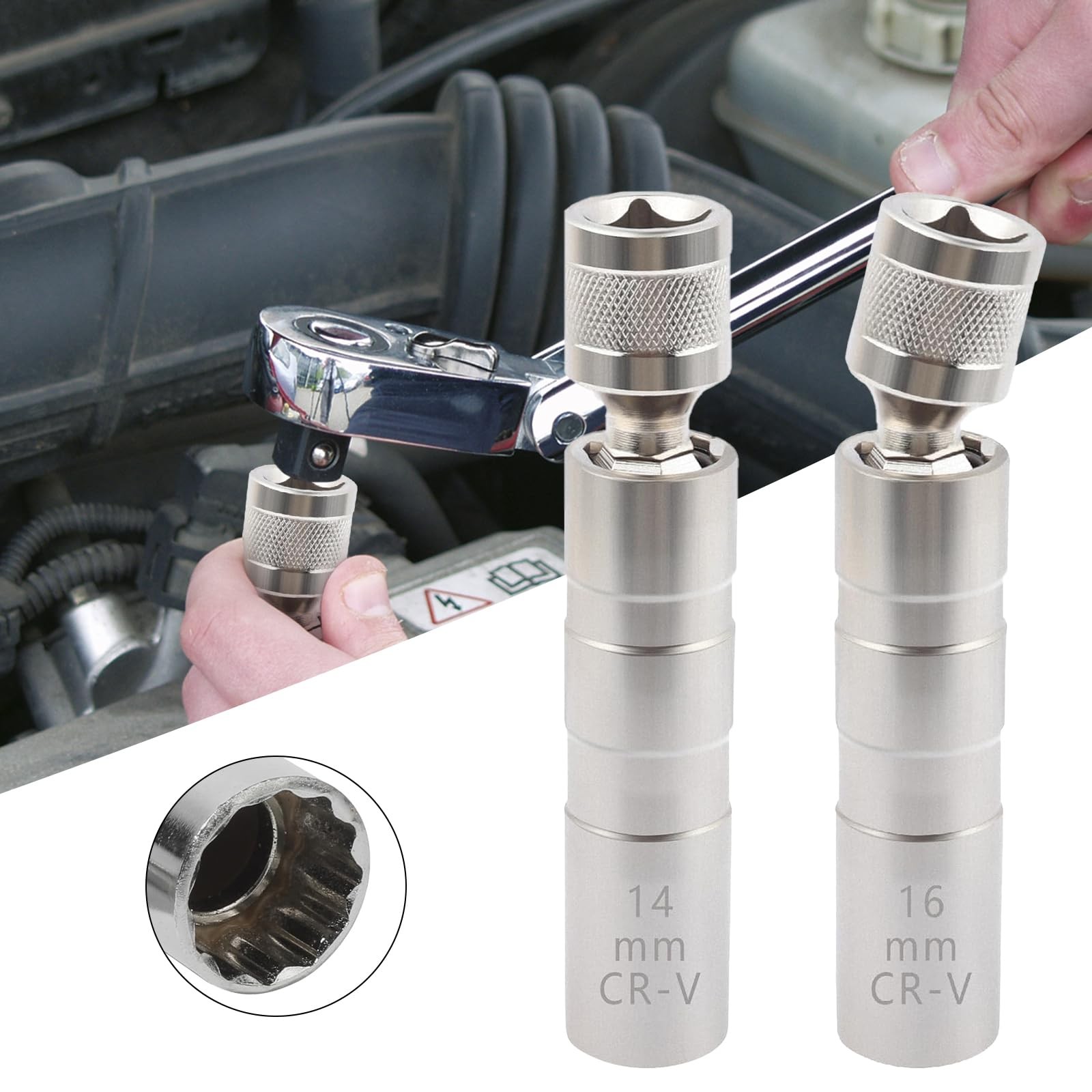 14mm&16mm(5/8″) Spark Plug Socket Set,Thin Walled Magnetic Universal, Silver