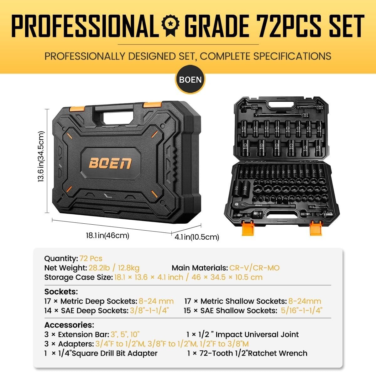 Comprehensive 72-Piece Impact Socket Set with Extensions – Rust Resistant Design