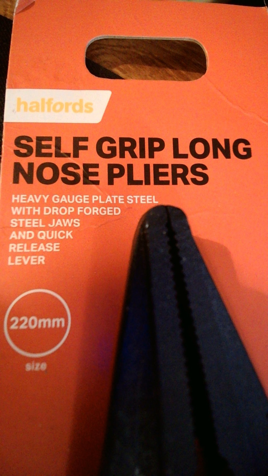 Halfords Self Grip Long Nose Pliers. 220mm long. 70mm Jaw Opening. Adj screw.