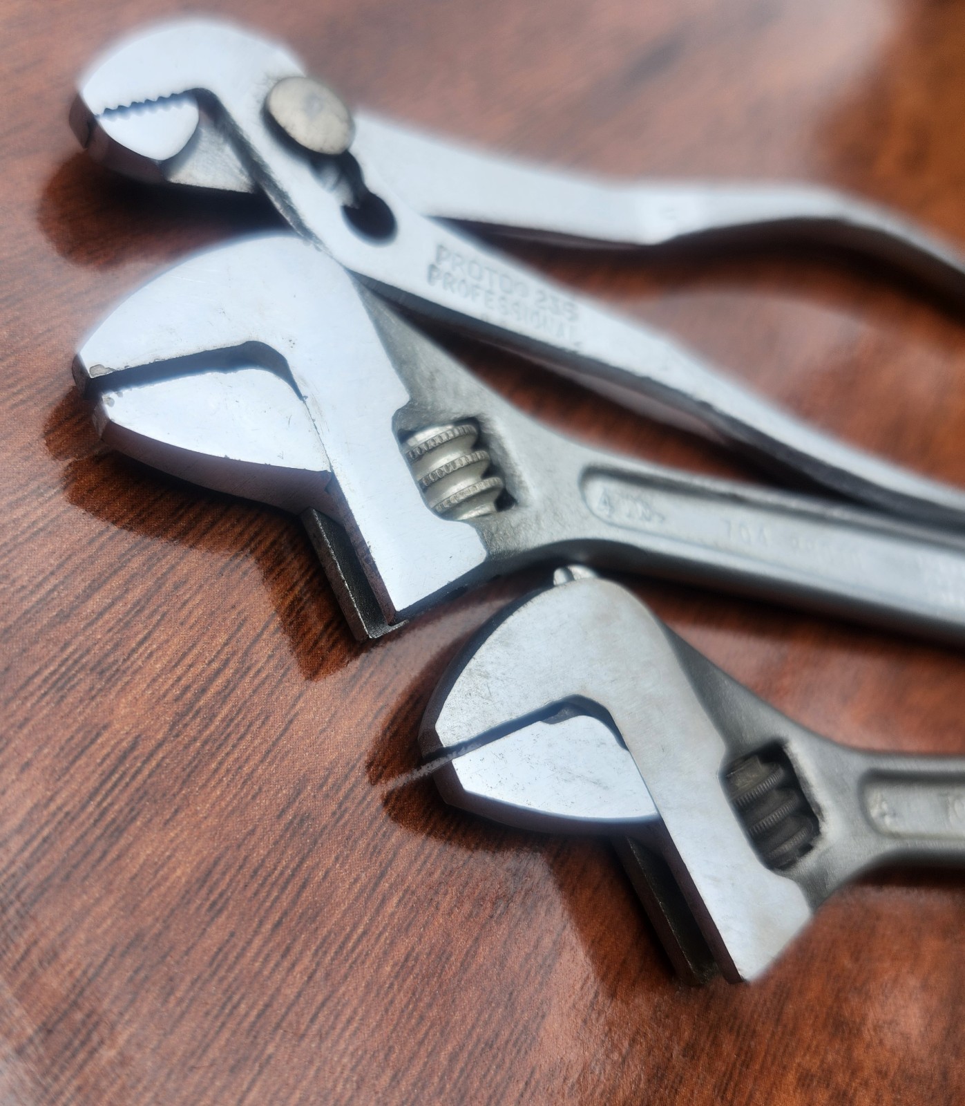 Vintage Proto 4″ Tools. 2- Adjustable Wrenches + 1- Slip-Joint Pliers USA