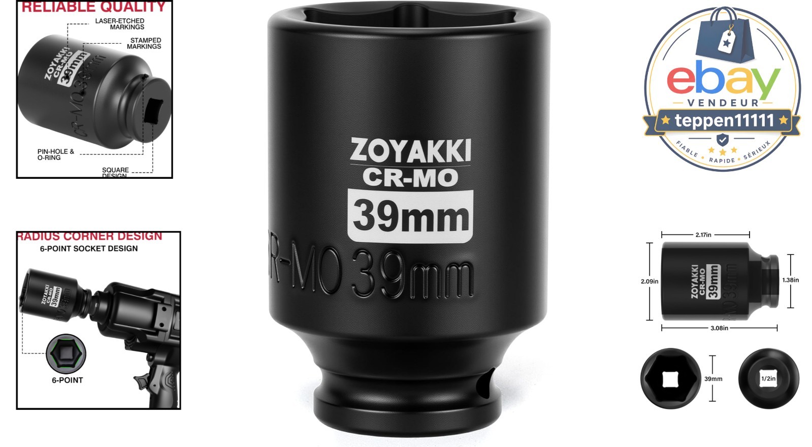 1/2″ Drive 39 mm Deep Impact Socket 6 PT CR-MO Axle Nut Removal