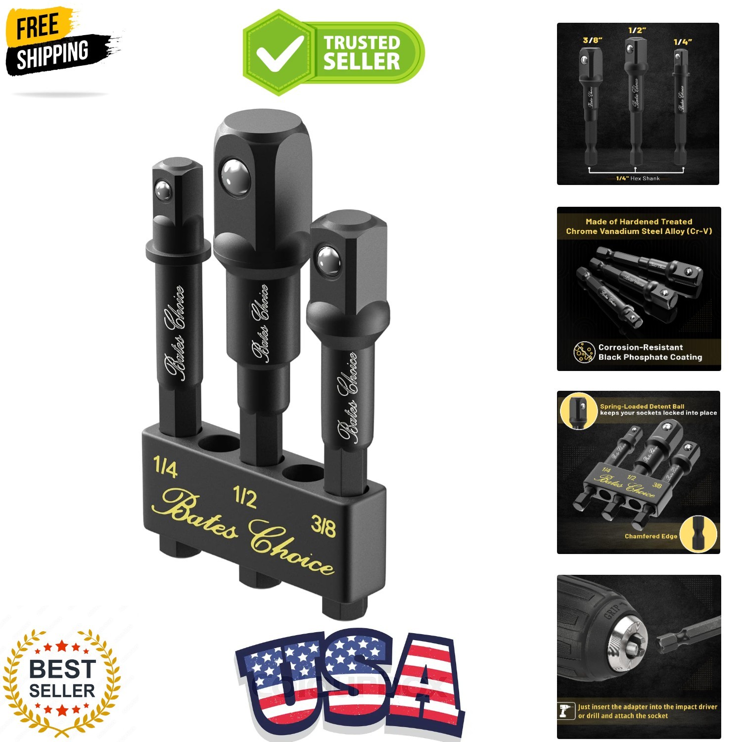 Bates Impact Socket Adapter Set, 3 PCS, 1/4″, 3/8″ and 1/2″, With Holder