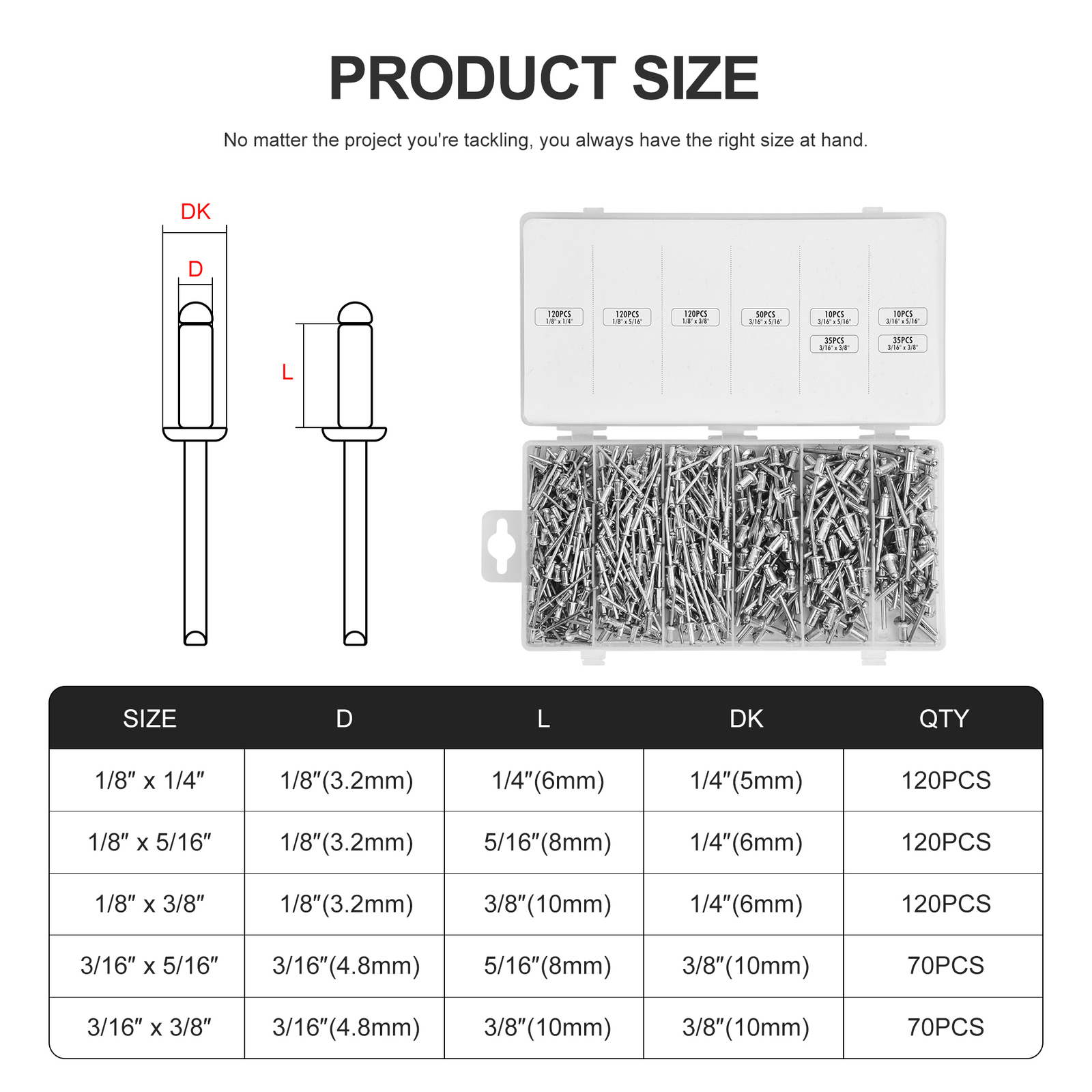 500x Industrial Aluminum Pop Rivet Assortment 3/16-1/2″ For Hand/Air Riveter Gun