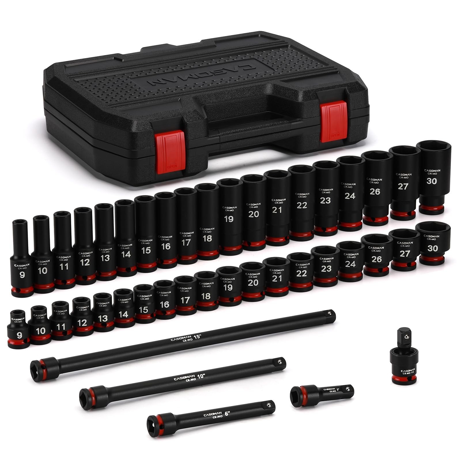 43-Piece 1/2″ Drive Impact Socket Set – Deep & Standard, 6-Point, Metric 9mm-30m