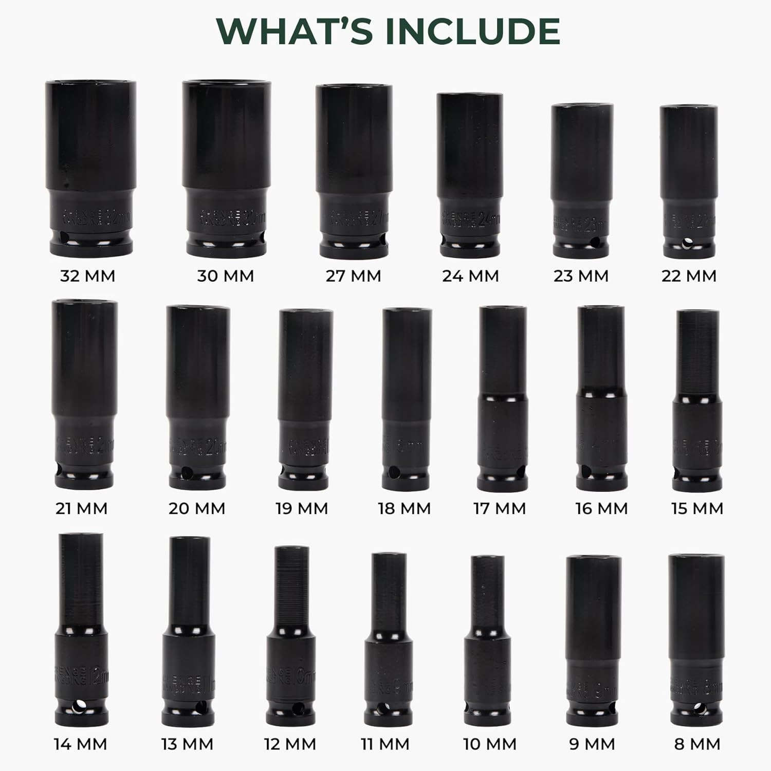 20PCS 1/2 Inch Impact Sockets Set Drive Metric 8mm-32mm Deep 6-Point Set w/ Case