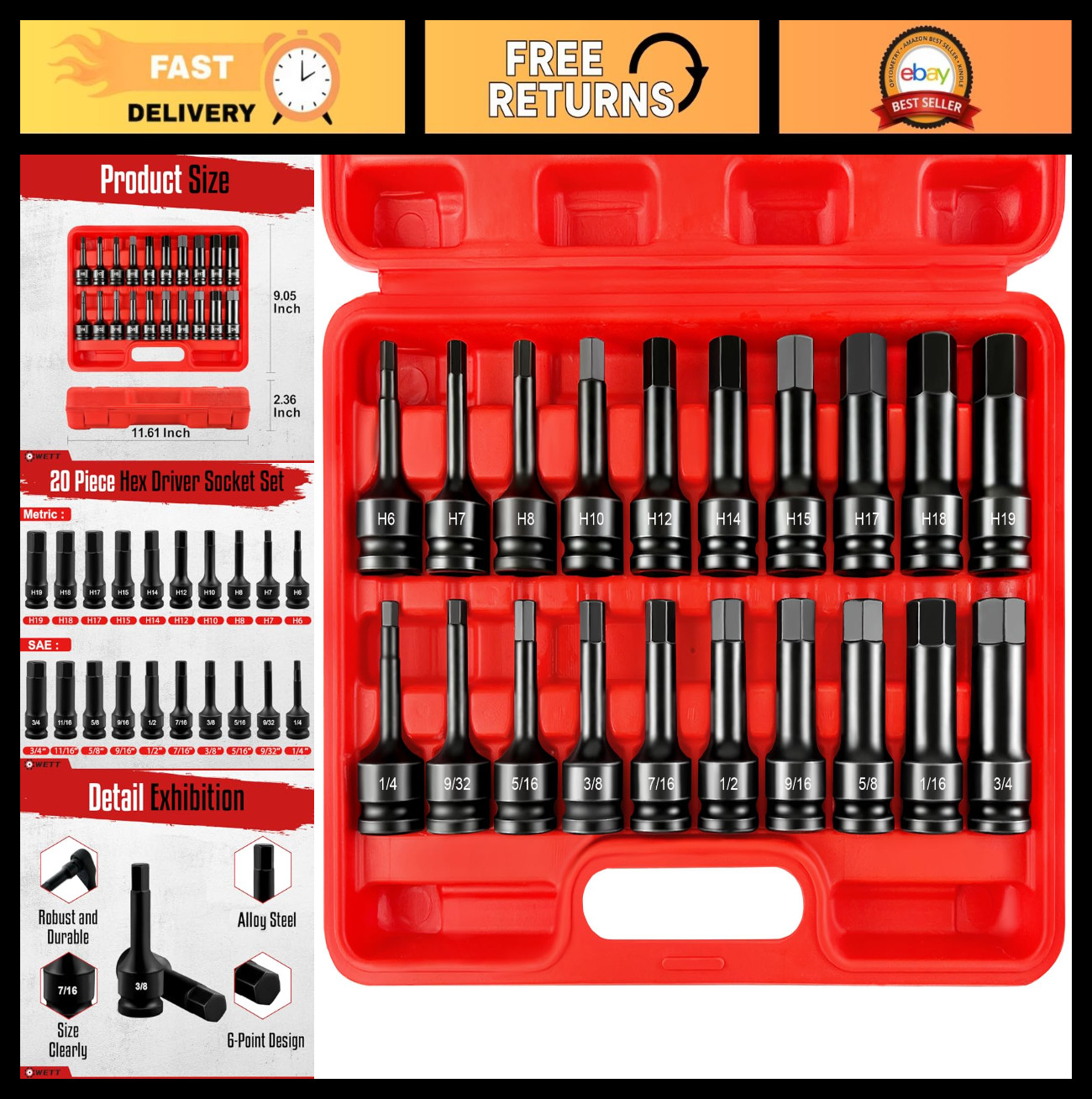 20-Piece 1/2″ Drive Impact Hex Bit Socket Set, CR-V Steel, SAE & Metric Sizes