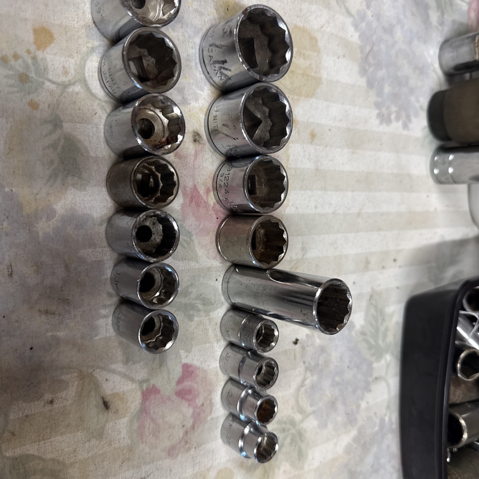 Vintage Japan 3/8” Drive, 12 Point Sockets, Sae, And Metric, 17 Total Pieces.