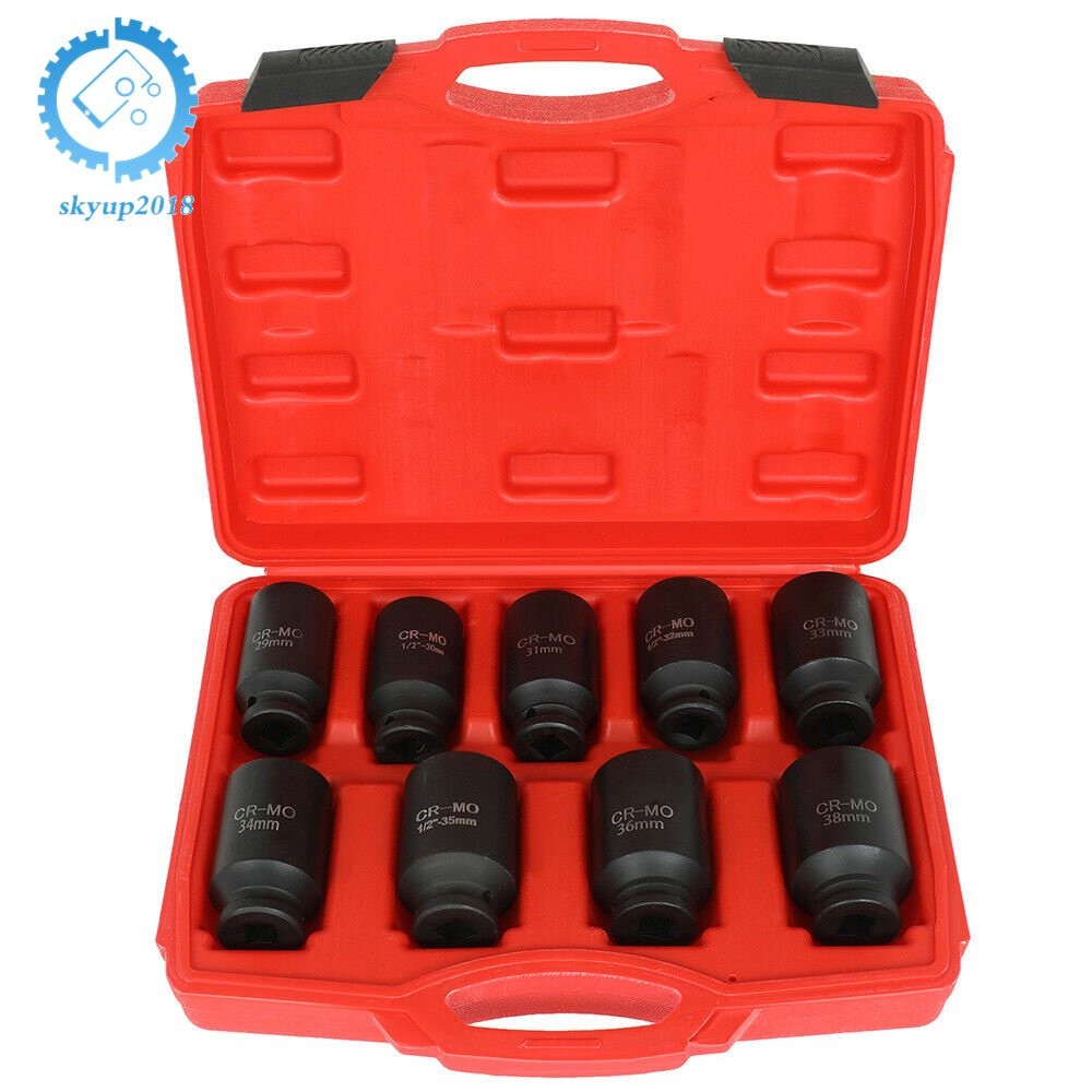 9pcs 29-38mm 1/2″ Drive Metric Axle Hub Nut Socket Deep Impact Socket Tool Kit