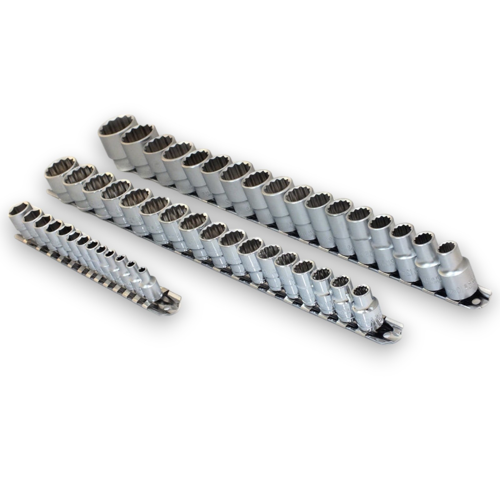 47pc Crv 1/4″ 3/8″ 1/2″ Dr Metric Sockets Set Size 4mm – 30mm With Storage Rails
