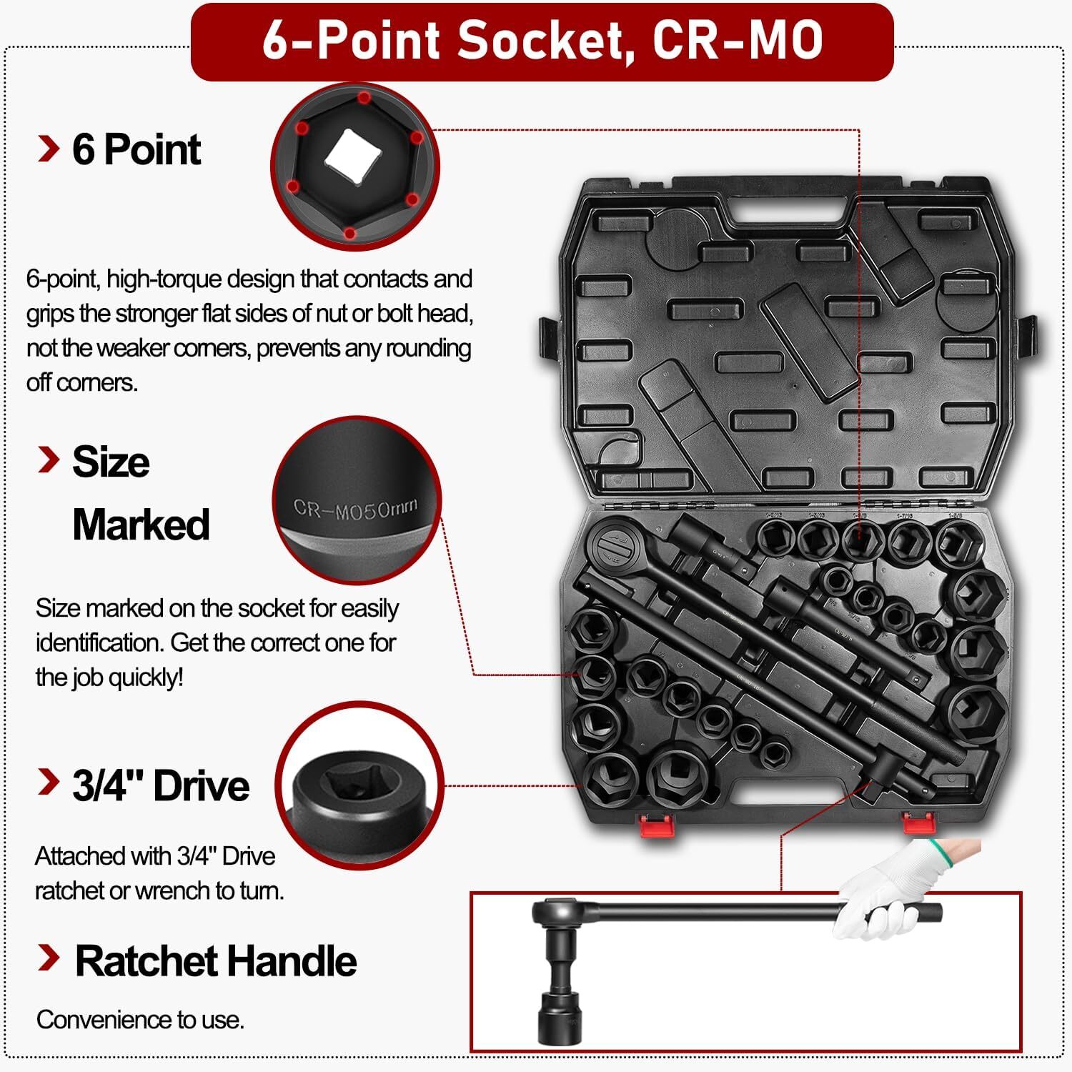 27PCS 3/4″ Drive Impact Socket Set Standard SAE & Metric, CR-MO Shallow Socket