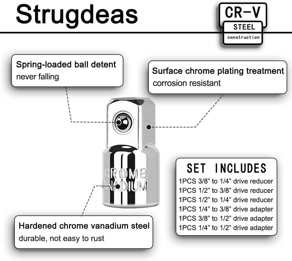 6 Piece Socket Adapter and Reducer Set, 1/4″, 3/8″, 1/2″ Chrome Vanadium Stee…
