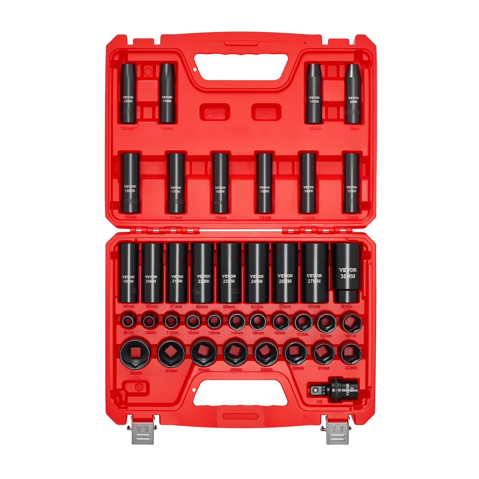 VEVOR 1/2 in Drive Impact Socket Set 39 Pcs Deep Shallow Sockets Metric 9-30 mm