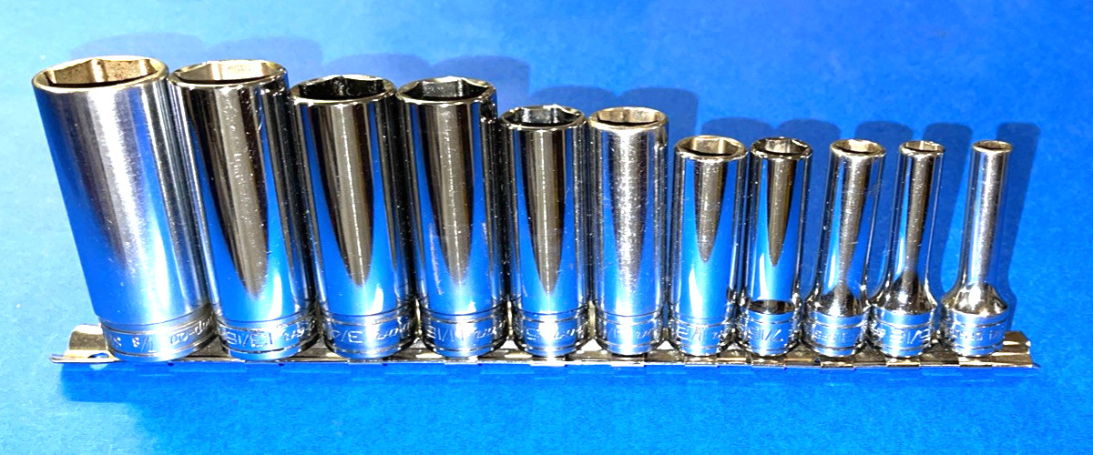 SNAP-ON TOOLS 11 PIECE 3/8 DRIVE SAE. DEEP CHROME 6 POINT SOCKET SET 211SFSY