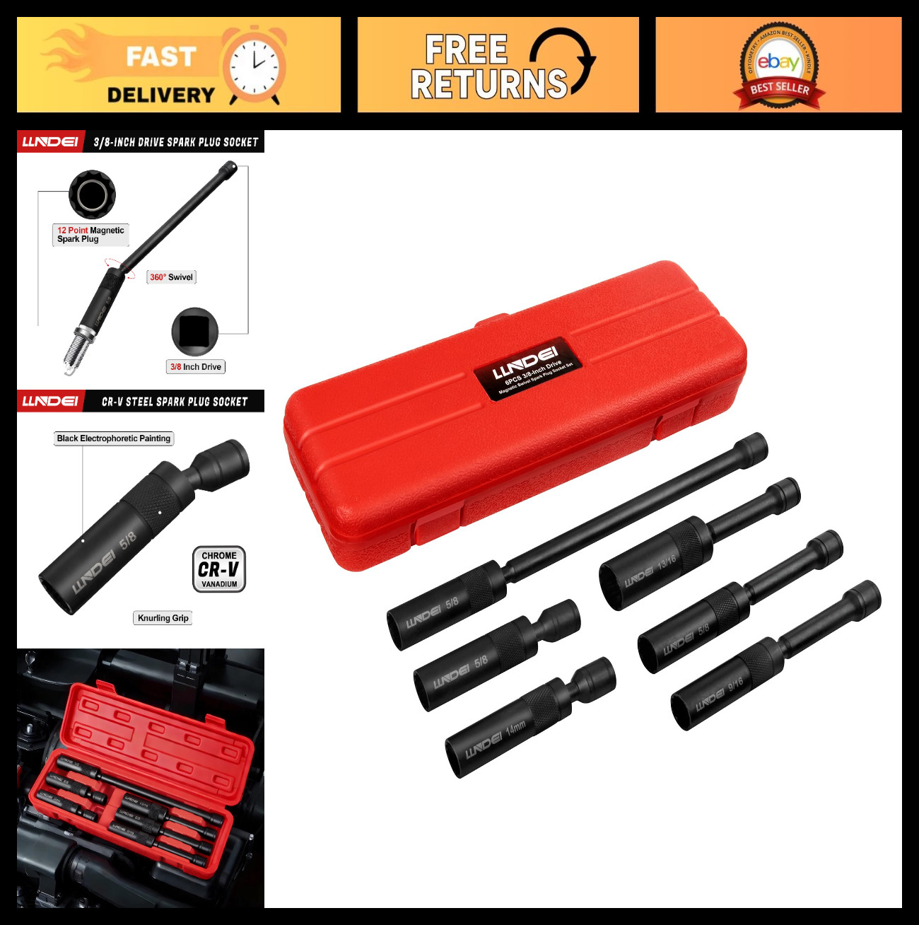 Magnetic Swivel Spark Plug Socket Set – 3/8″ Drive, 14MM, 5/8″, 9/16″, 13/16″ Si