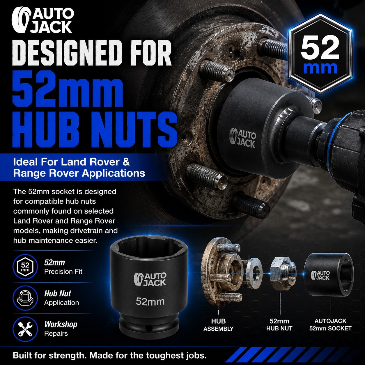 52mm Impact Socket 1/2″ Drive Deep 6 Point Hub Nut for Land Rover CR-MO Autojack