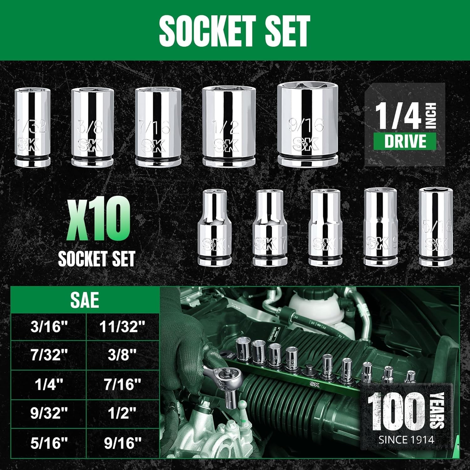 1/4″ Drive Socket Set, SAE Sockets, 10-Piece 3/16″ to 9/16″,