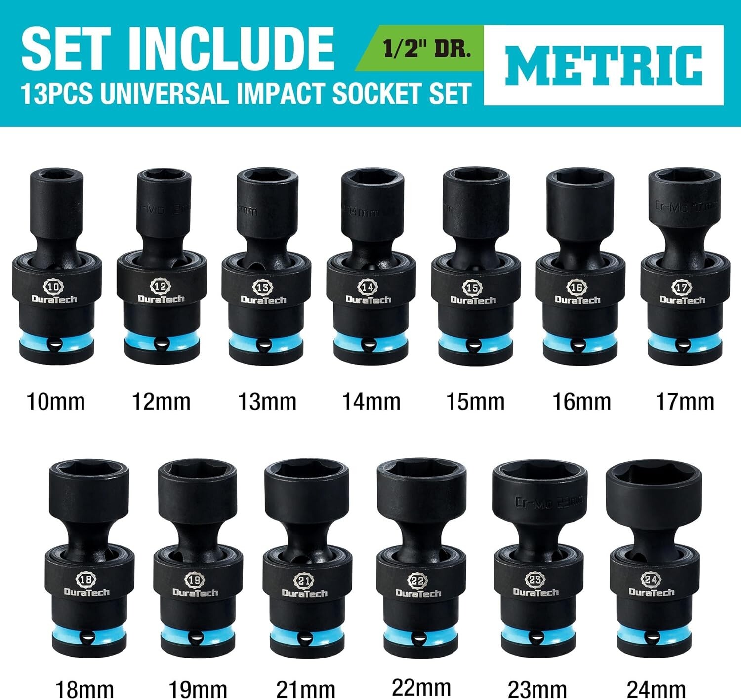 DURATECH 13PC 1/2″ Impact Swivel Socket Set Shallow Wobble Socket 10-24mm Metric