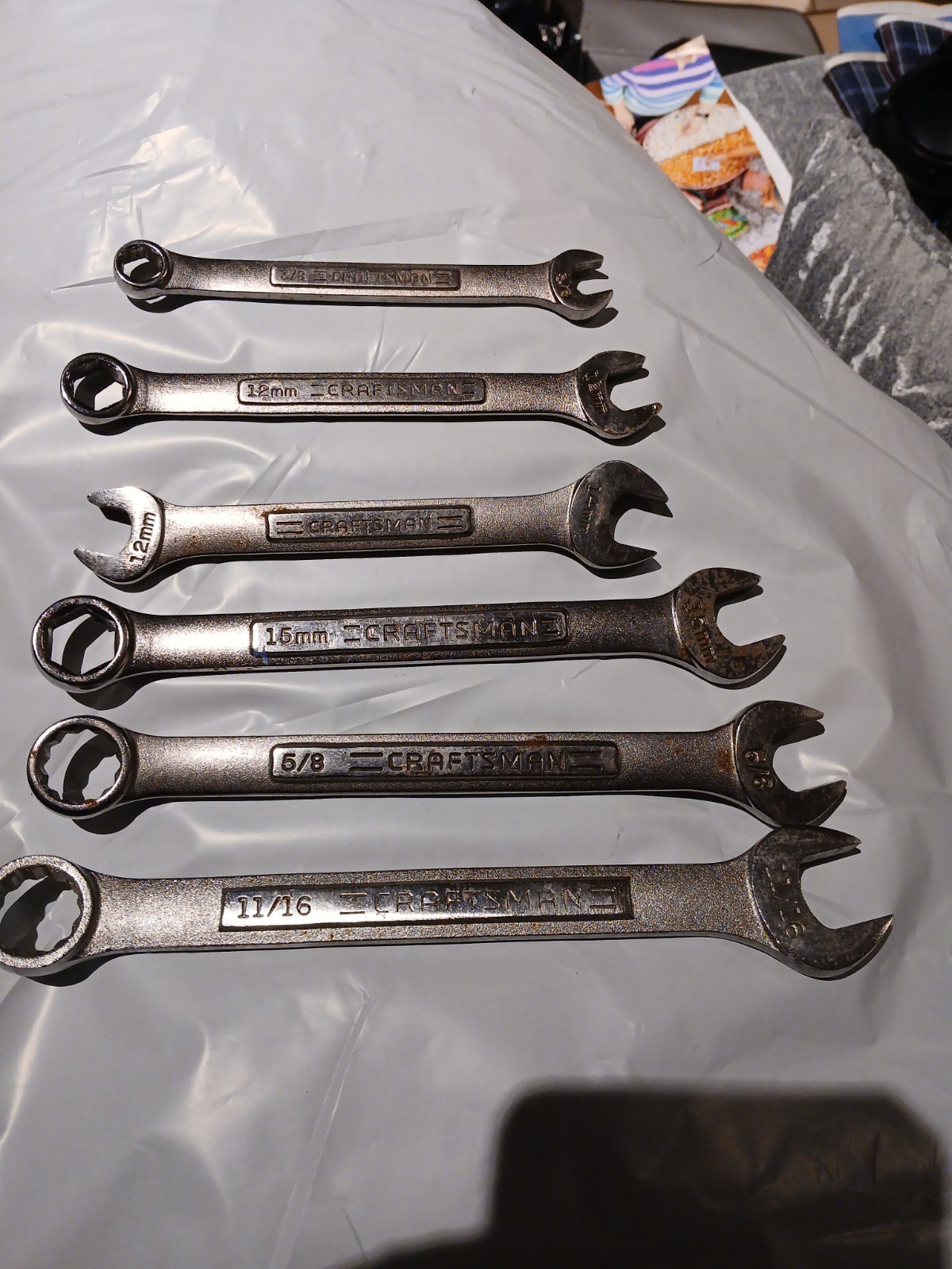 Craftsman Combination Wrench Lot of 6 – 11/16, 3/8, 5/8 12mm, 14mm, 15mm