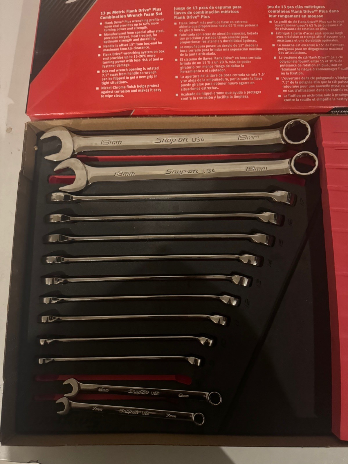 Snap On Tools SOEXM01FMBR 13Pc Metric Combination Wrench Set 7mm-19mm Red Foam