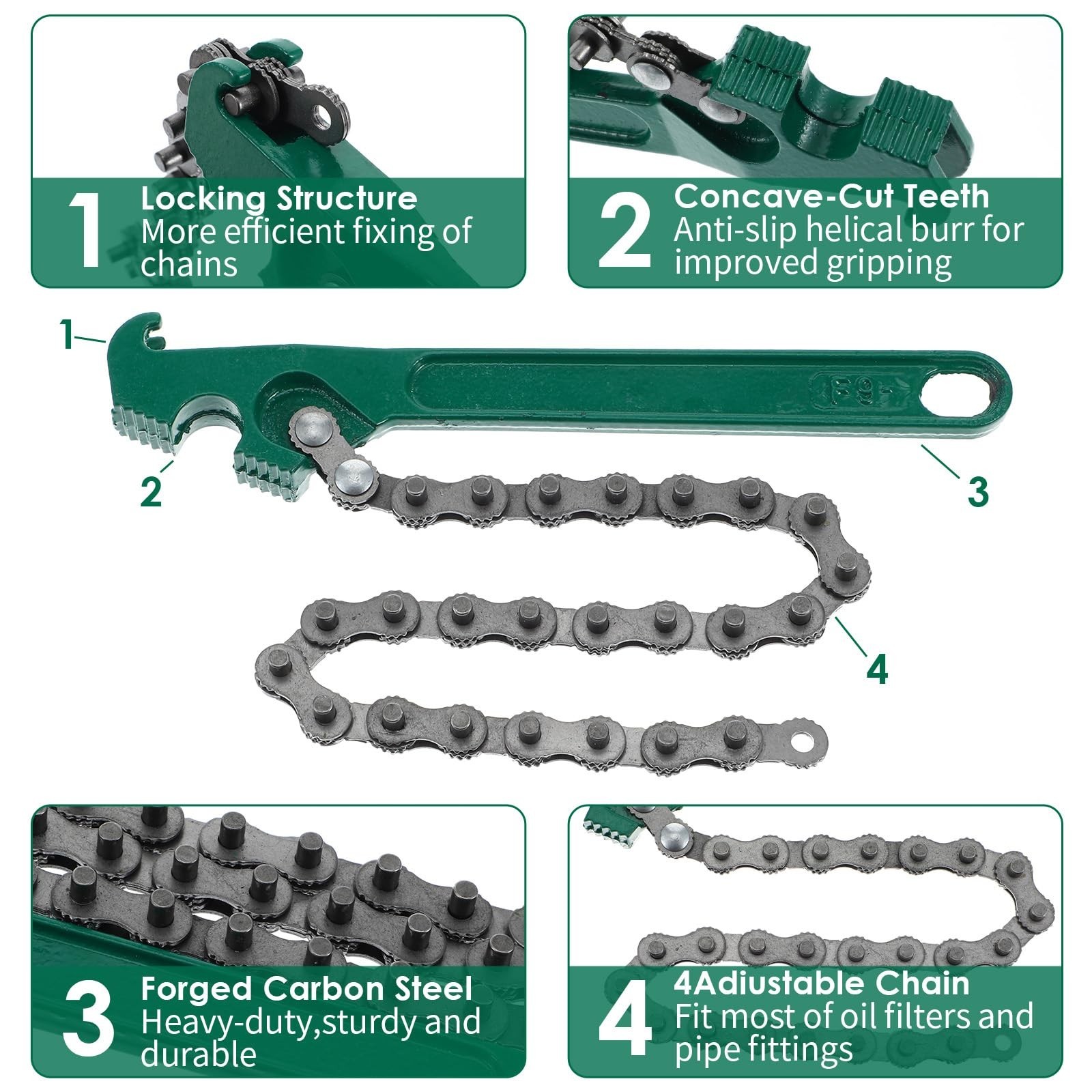 Heavy Duty Chain Wrench Set – 3 Pcs Adjustable Steel Oil Filter Tool for Pipes &
