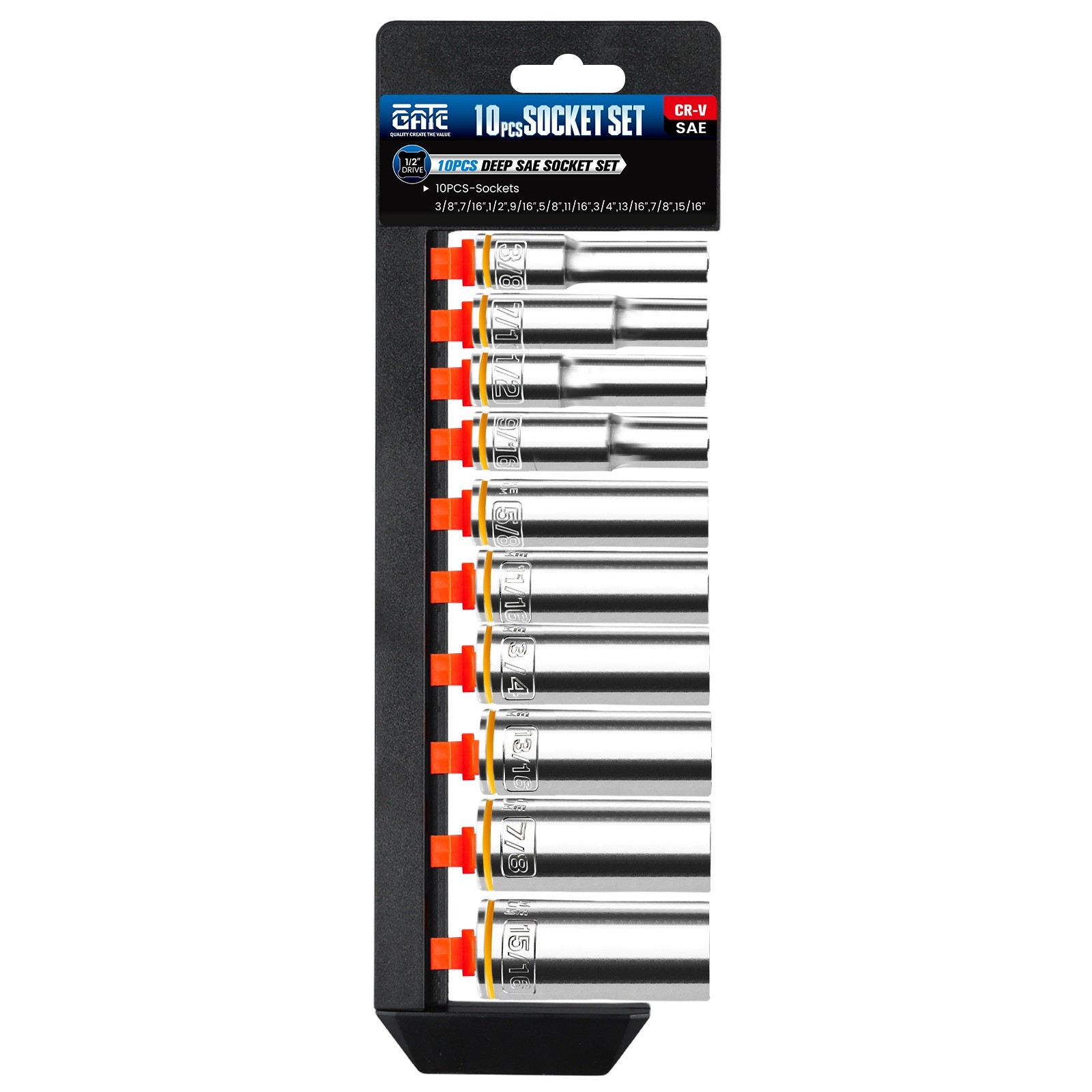 10PCS 1/2” Drive Deep SAE (3/8″-15/16″) Socket Set, 6-Point, Cr-V Steel