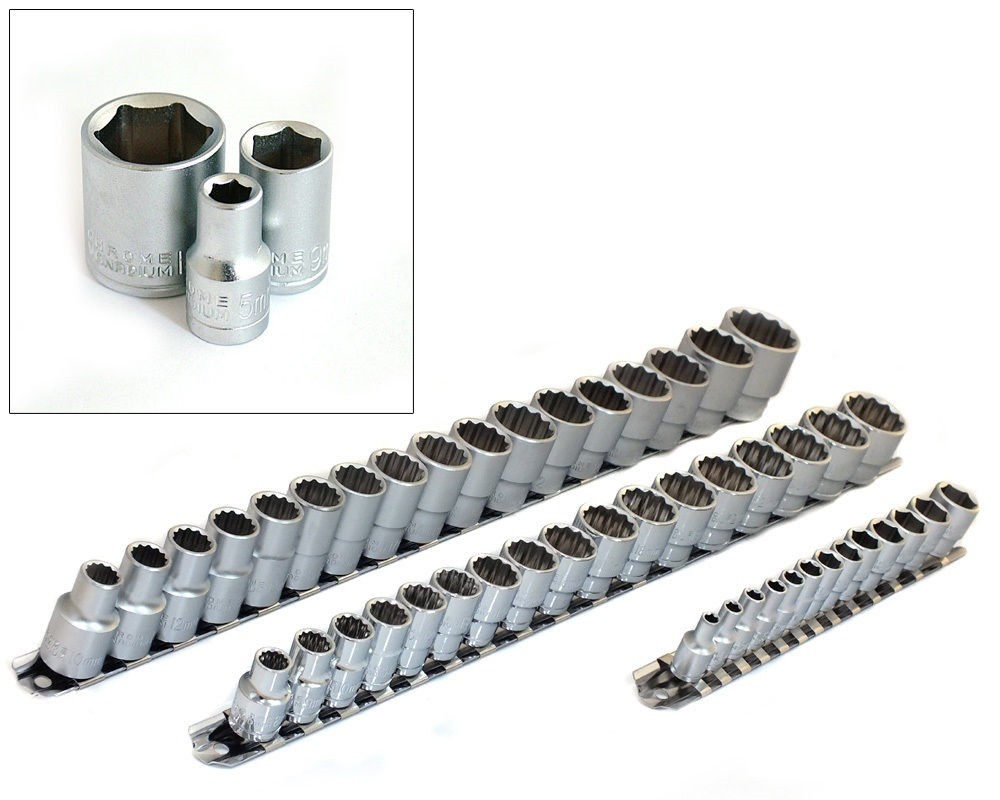 47pc Crv 1/4″ 3/8″ 1/2″ Dr Metric Sockets Set Size 4mm – 30mm With Storage Rails