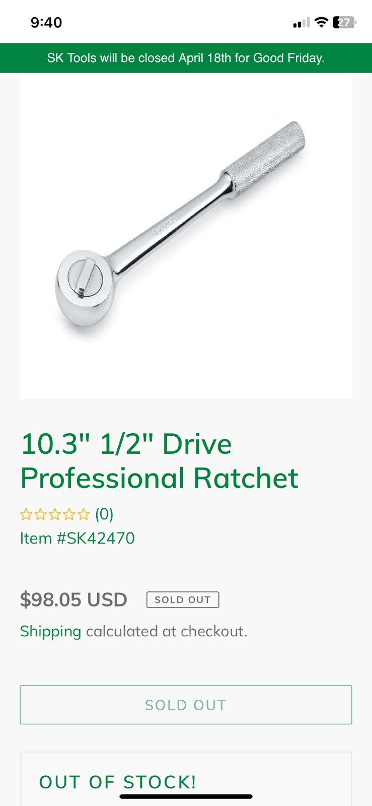 S•K Tools 10.3 ” Long 1/2 Professional Ratchet
