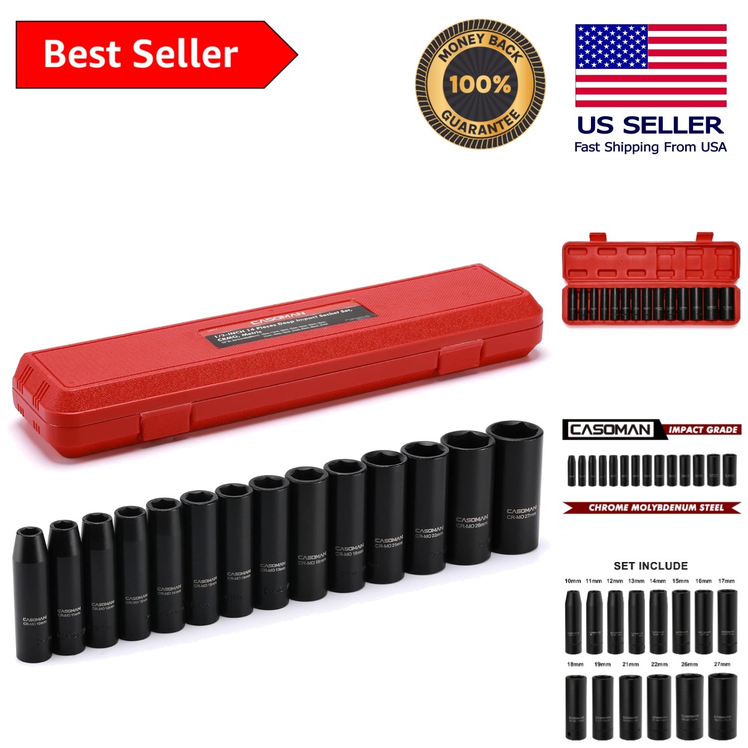 Complete 14-Piece Deep Impact Socket Set with Easy-Read Markings & Storage Case