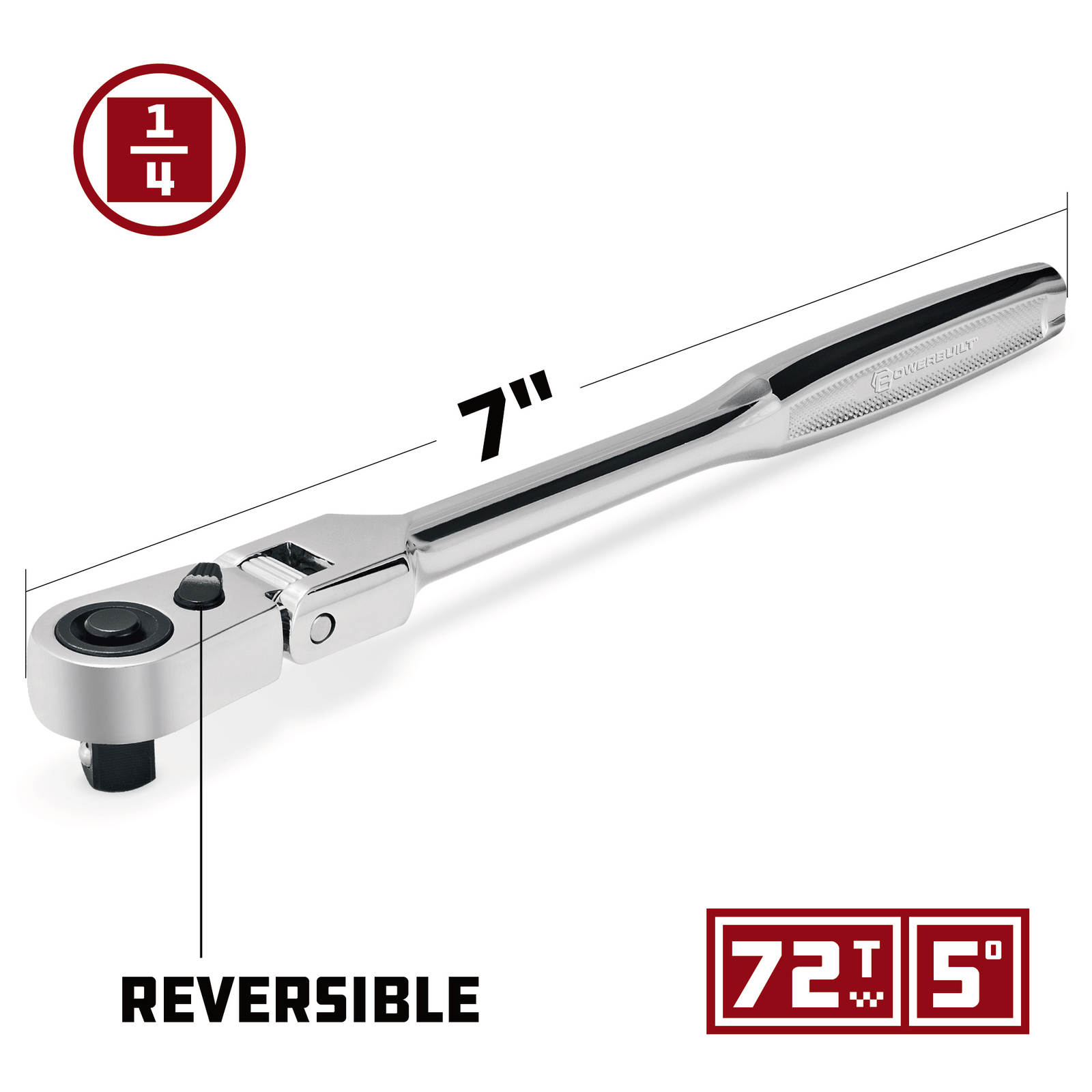 Powerbuilt 1/4 Inch Drive 72 Tooth Pro Tech 7 Inch Long Reach Flex Head Ratchet