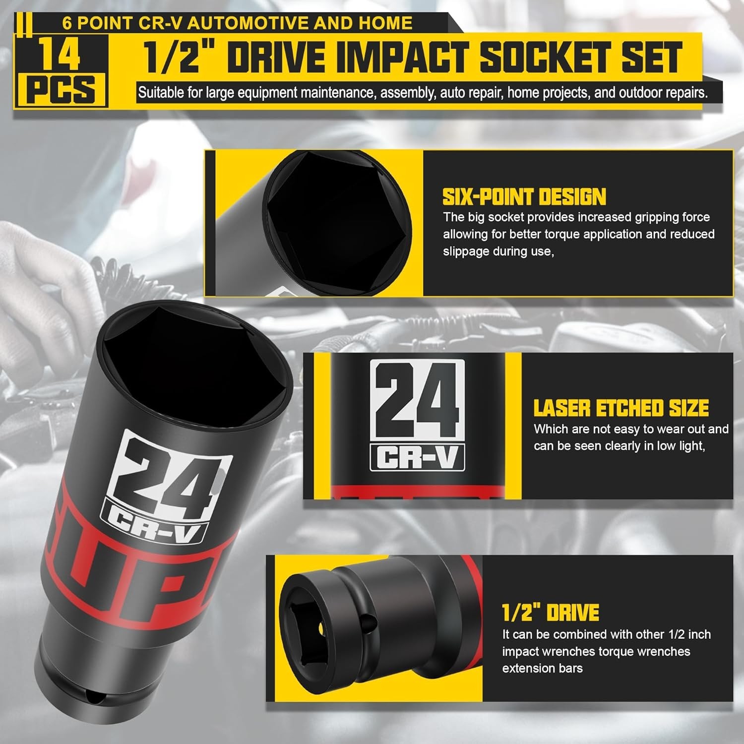 1/2”Drive Metric Deep Impact Socket Set,6-Point Design,14-Piece Set 10mm to 24mm