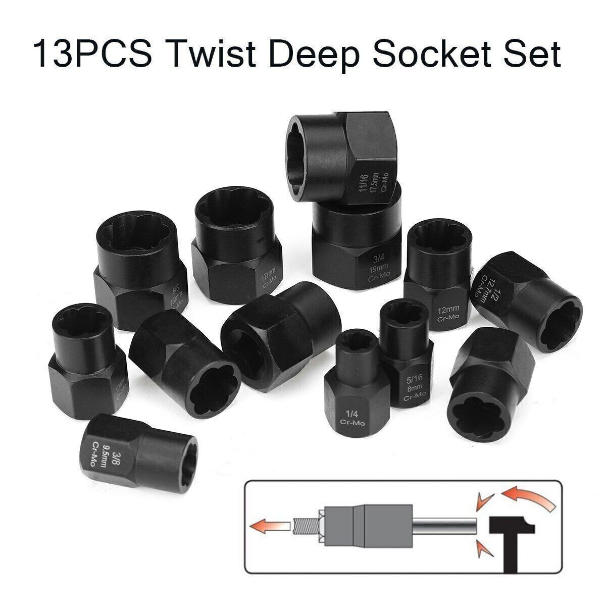 13PCS Impact Bolt Extractor Set Nut Remover Set Stripped Extraction Socket Tool