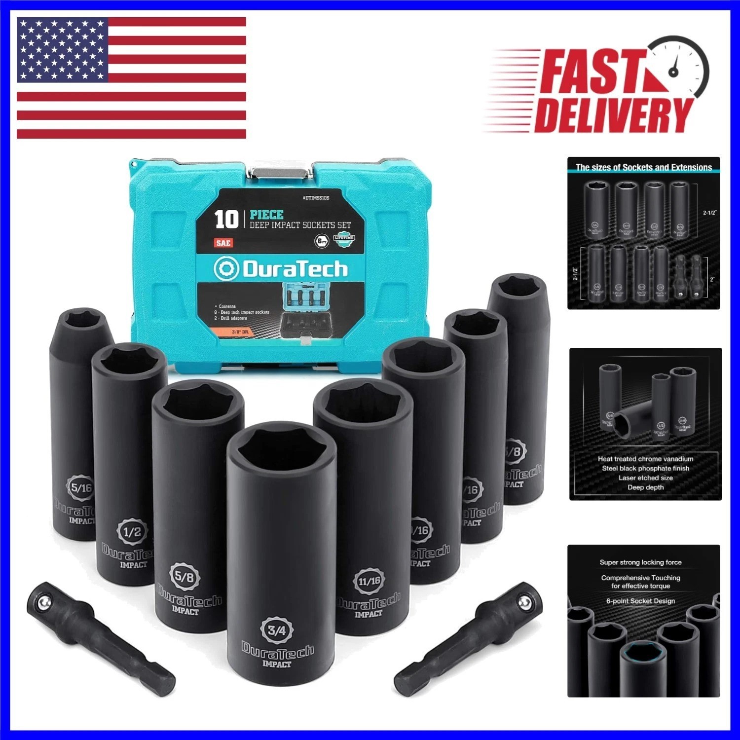 Versatile 10-Piece Deep Impact Socket Set with Anti-Rust Finish & Extension Bars