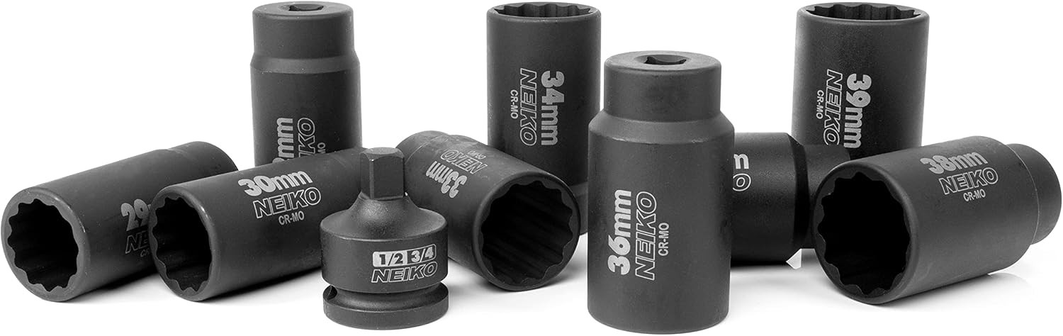 02531A 10 Piece 12 Point Socket Set 1/2” Drive, Lug Nut Remover, Spindle Nut Soc