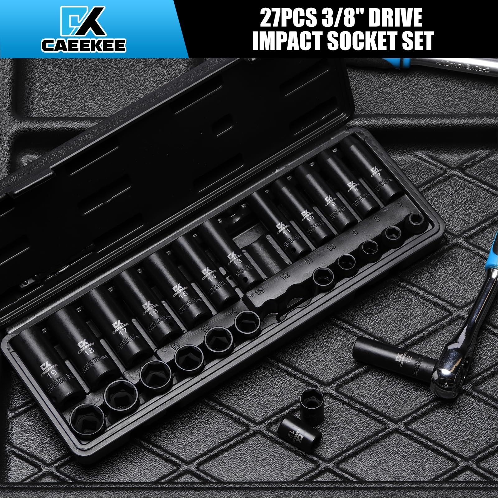 27PCS 3/8″ Drive Metric Impact Socket Set, Deep & Shallow, 7mm-19mm, 6-Point, Cr