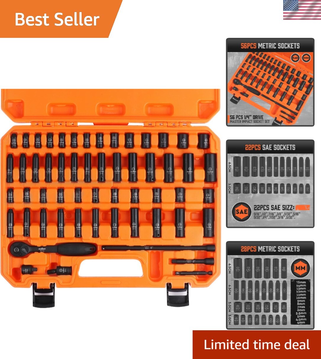 Professional 1/4-Inch Drive Impact Socket Set – SAE & Metric Corrosion Resistant