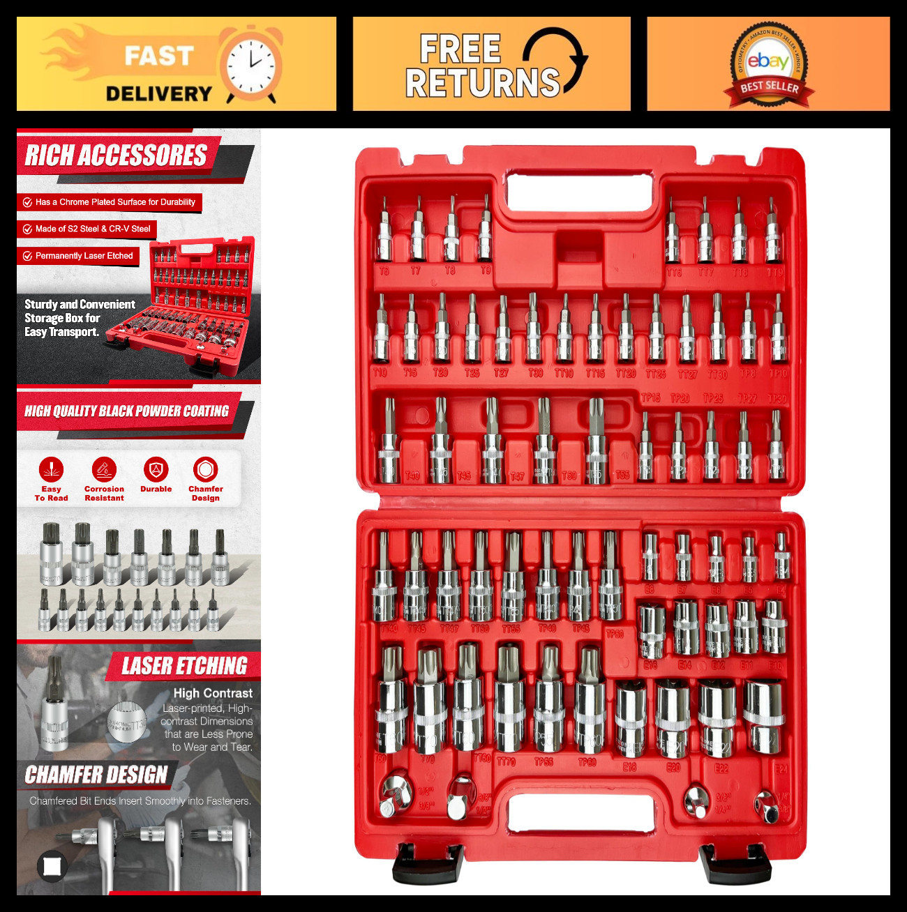 64PCS Torx Bit Socket Set – 1/4, 3/8 & 1/2″ External Torx Sockets E4-E24, T6-T70