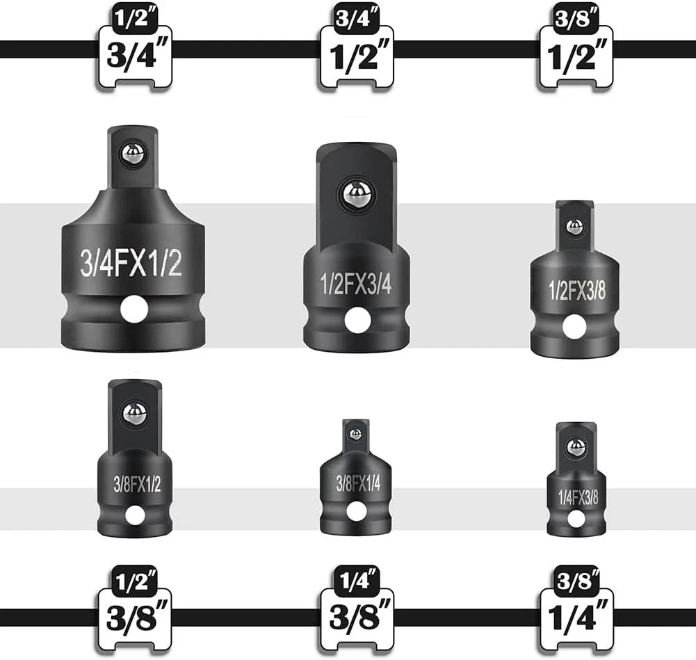6 Piece impact Socket Adapter and Reducer Set, 1/4″, 3/8″, heavy-Black, Black