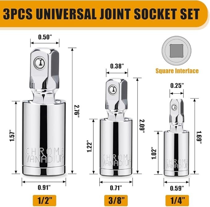 3PCS Impact Universal Joint Swivel Socket Adapter Set 1/4″ 3/8” 1/2″ Drive 360°