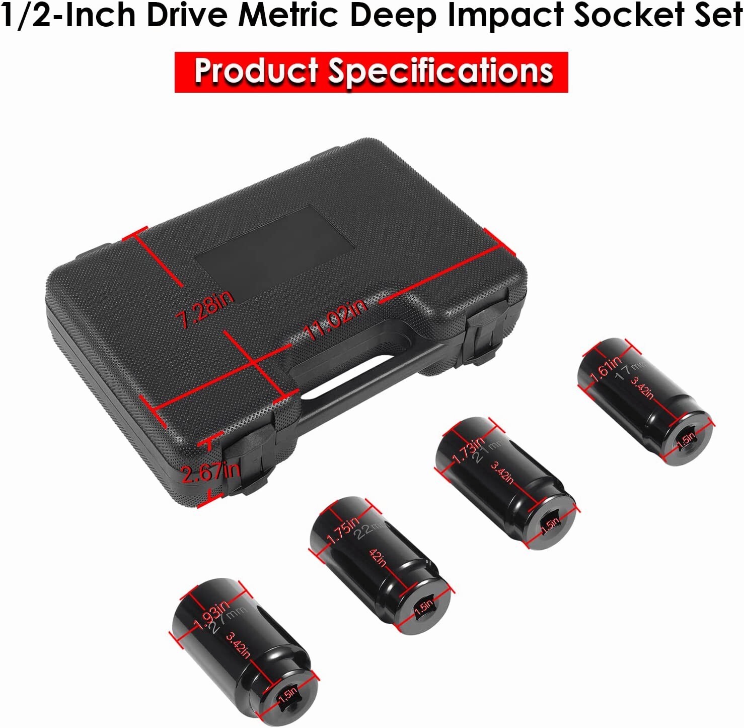 Crank Bolt Socket Set 17MM 21MM 22MM 27MM Heavy Duty 1/2 Drive Impact Socket Set